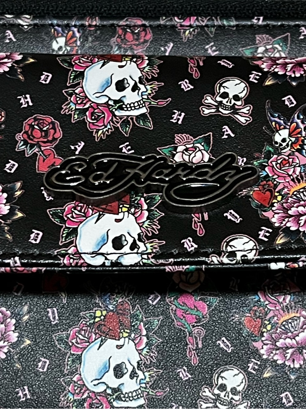 Ed Hardy Black Crossbody with Pink & Red Skull and Rose Print